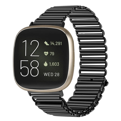 Steel Loop Strap, black, on a watch, 3/4 front view