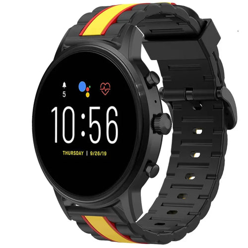 Silicone Special Edition Strap, black/yellow, on a watch, 3/4 front view