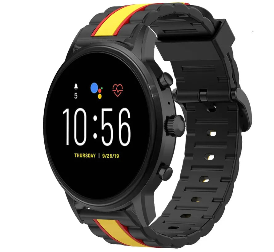 Silicone Special Edition Strap, black/yellow, on a watch, 3/4 front view