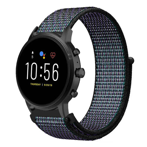 Nylon Strap, black/blue, on a watch, 3/4 front view
