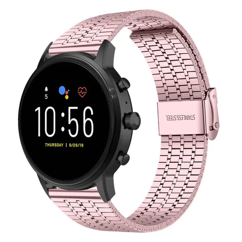 Fine Steel Strap, pink, on a watch, 3/4 front view