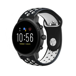 Silicone Sport Strap, black/white, on a watch, 3/4 front view