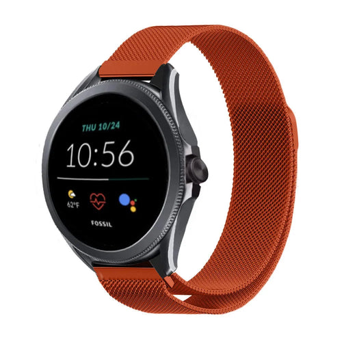 Milanese Strap, orange, on a watch, 3/4 front view