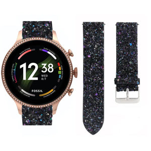 Leather Strap with Glitters, black, on a watch, 3/4 front view