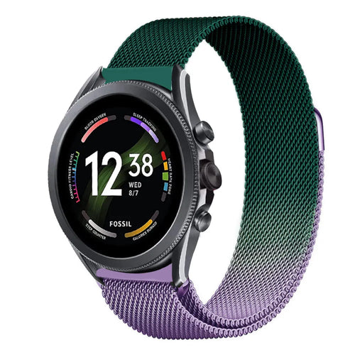 Milanese Strap, purple/green, on a watch, 3/4 front view