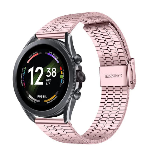 Fine Steel Strap, pink, on a watch, 3/4 front view