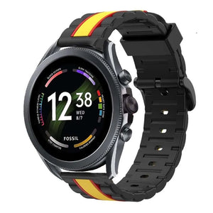 Silicone Special Edition Strap, black/yellow, on a watch, 3/4 front view