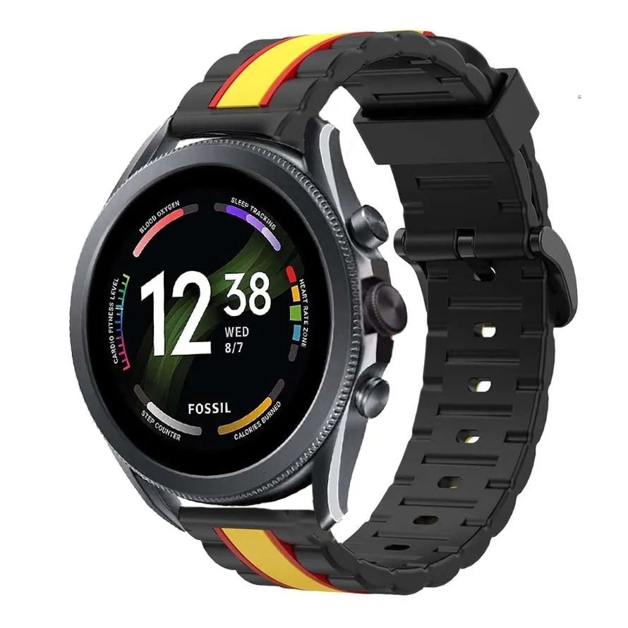 Silicone Special Edition Strap, black/yellow, on a watch, 3/4 front view