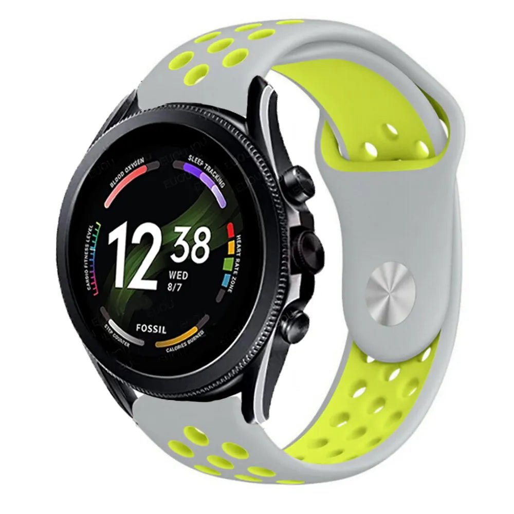 Silicone Sport Strap, grey/yellow, on a watch, 3/4 front view