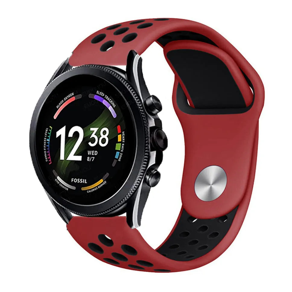 Silicone Sport Strap, red/black, on a watch, 3/4 front view