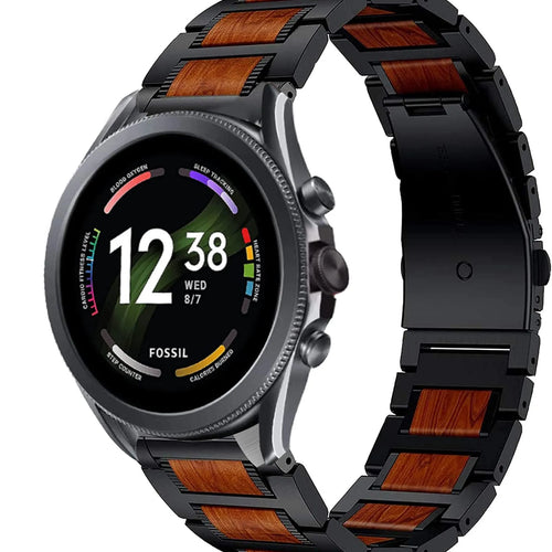 Wood Steel Strap, black, on a watch, 3/4 front view