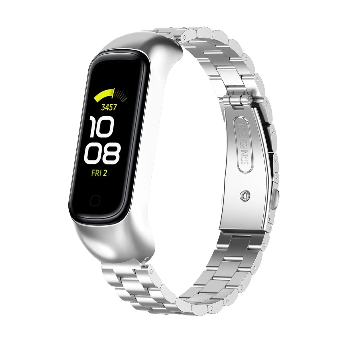 Steel Strap, silver, on a watch, 3/4 front view