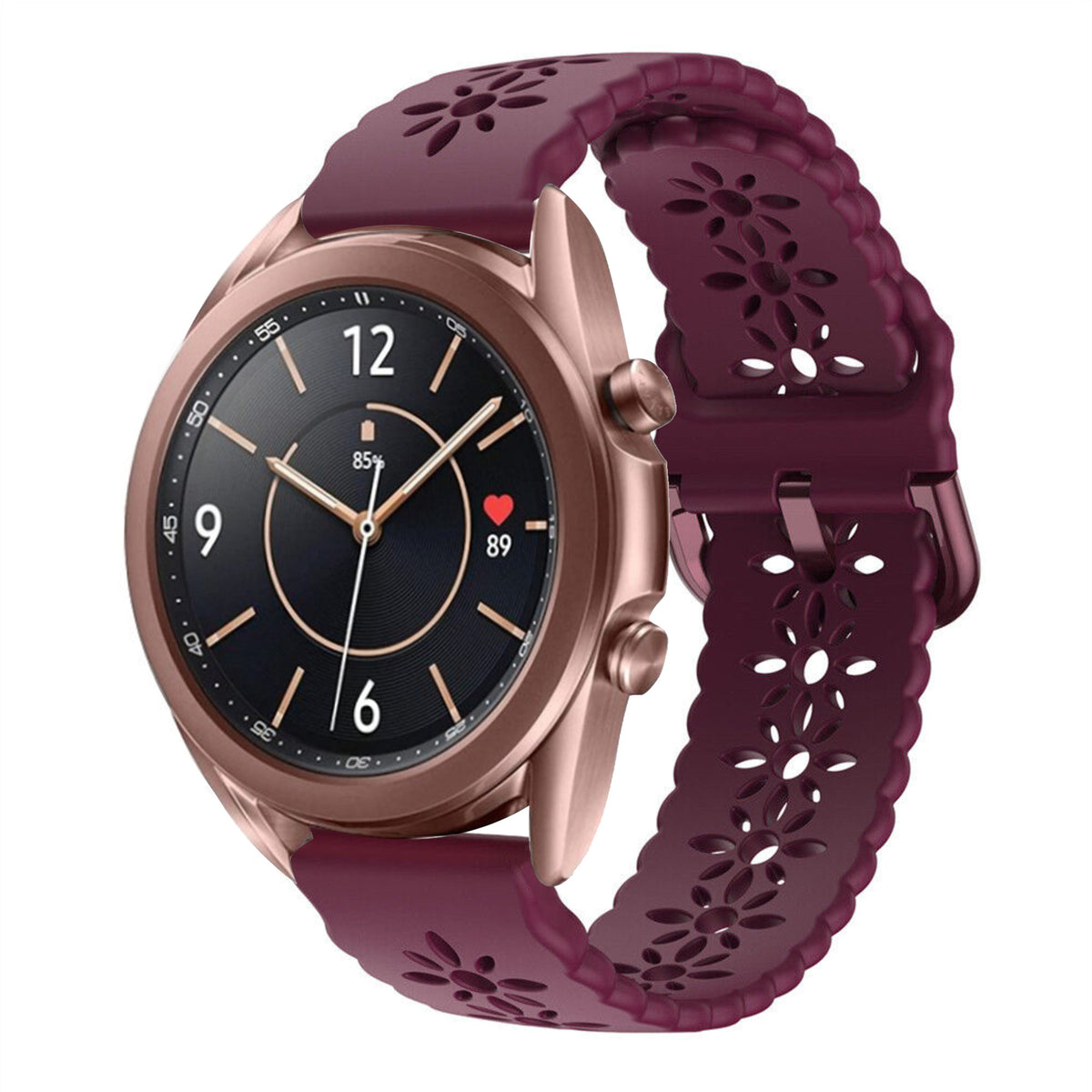 Patterned Silicone Strap, burgundy, on a watch, 3/4 front view
