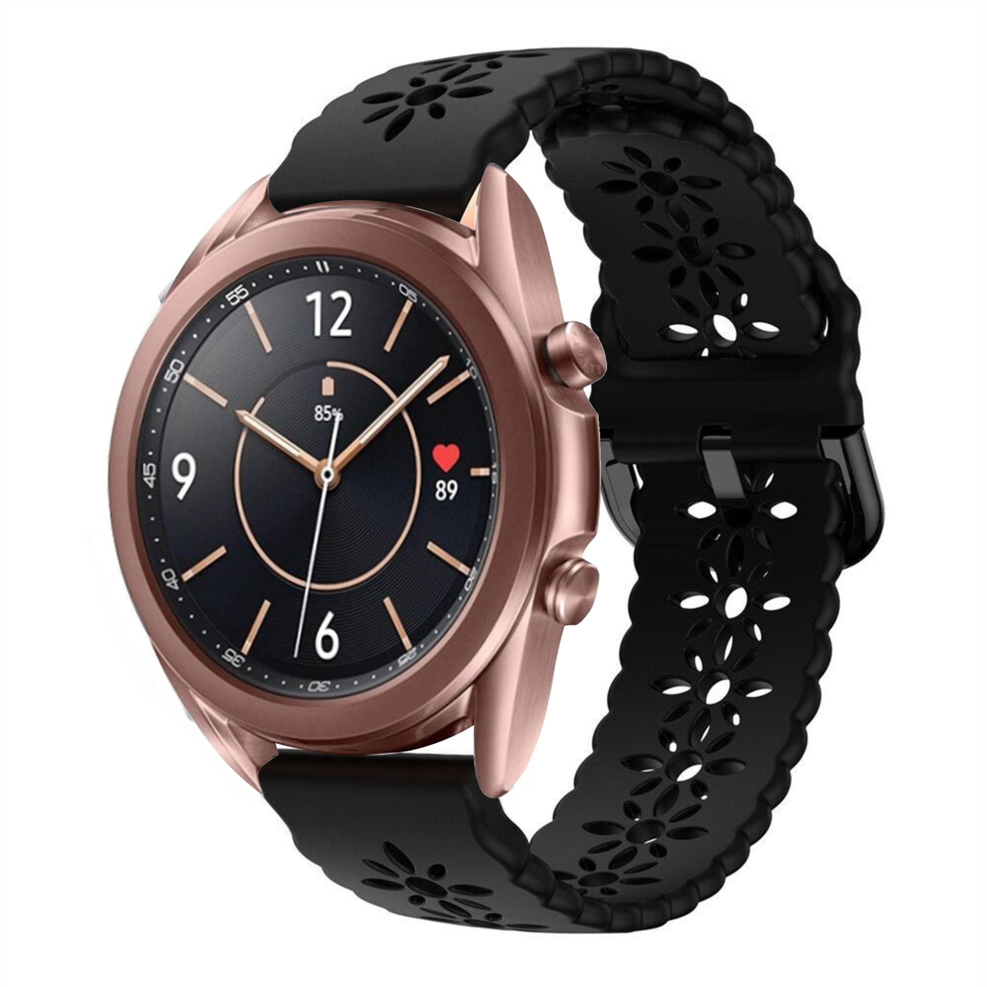 Patterned Silicone Strap, black, on a watch, 3/4 front view
