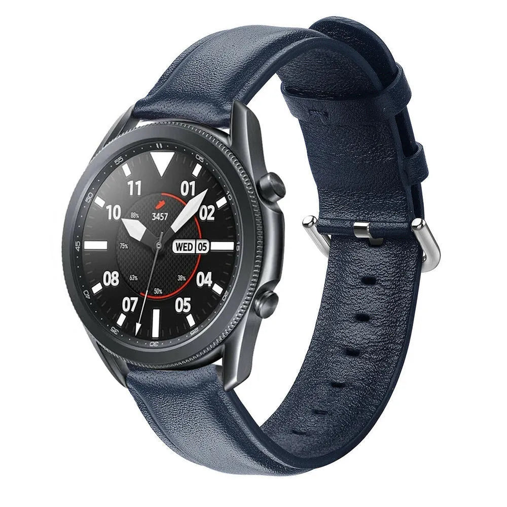 Leather Strap, dark blue, on a watch, 3/4 front view