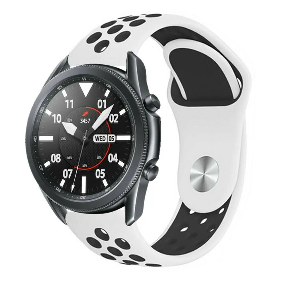 Silicone Sport Strap, white/black, on a watch, 3/4 front view