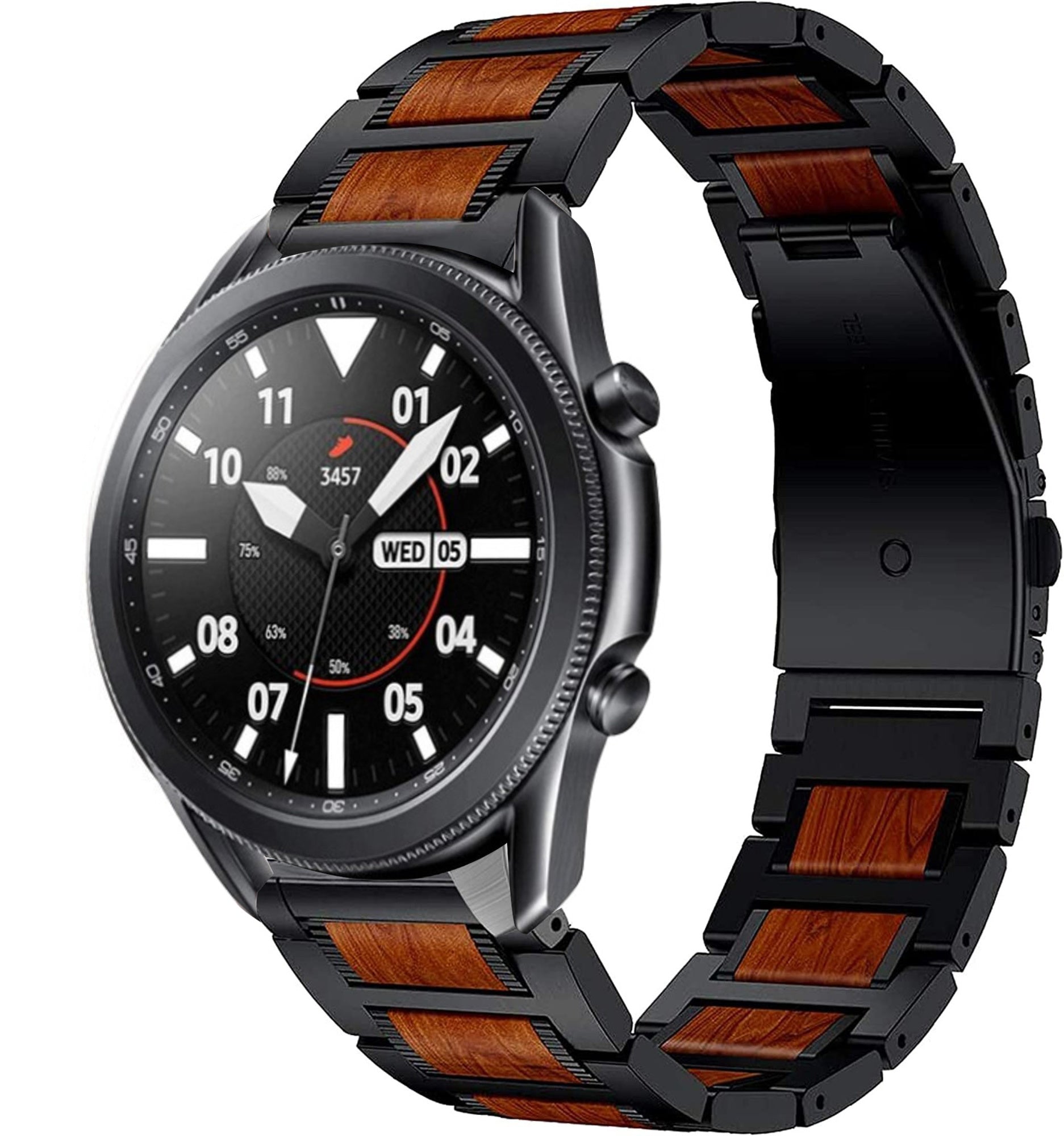 Wood Steel Strap, black, on a watch, 3/4 front view