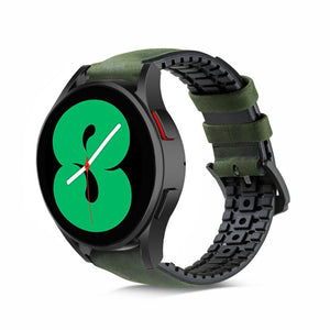 Leather Hybrid Strap, green, on a watch, 3/4 front view