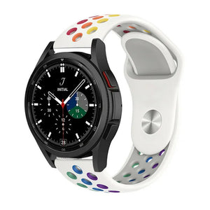 Silicone Sport Strap, white/colourful, on a watch, 3/4 front view