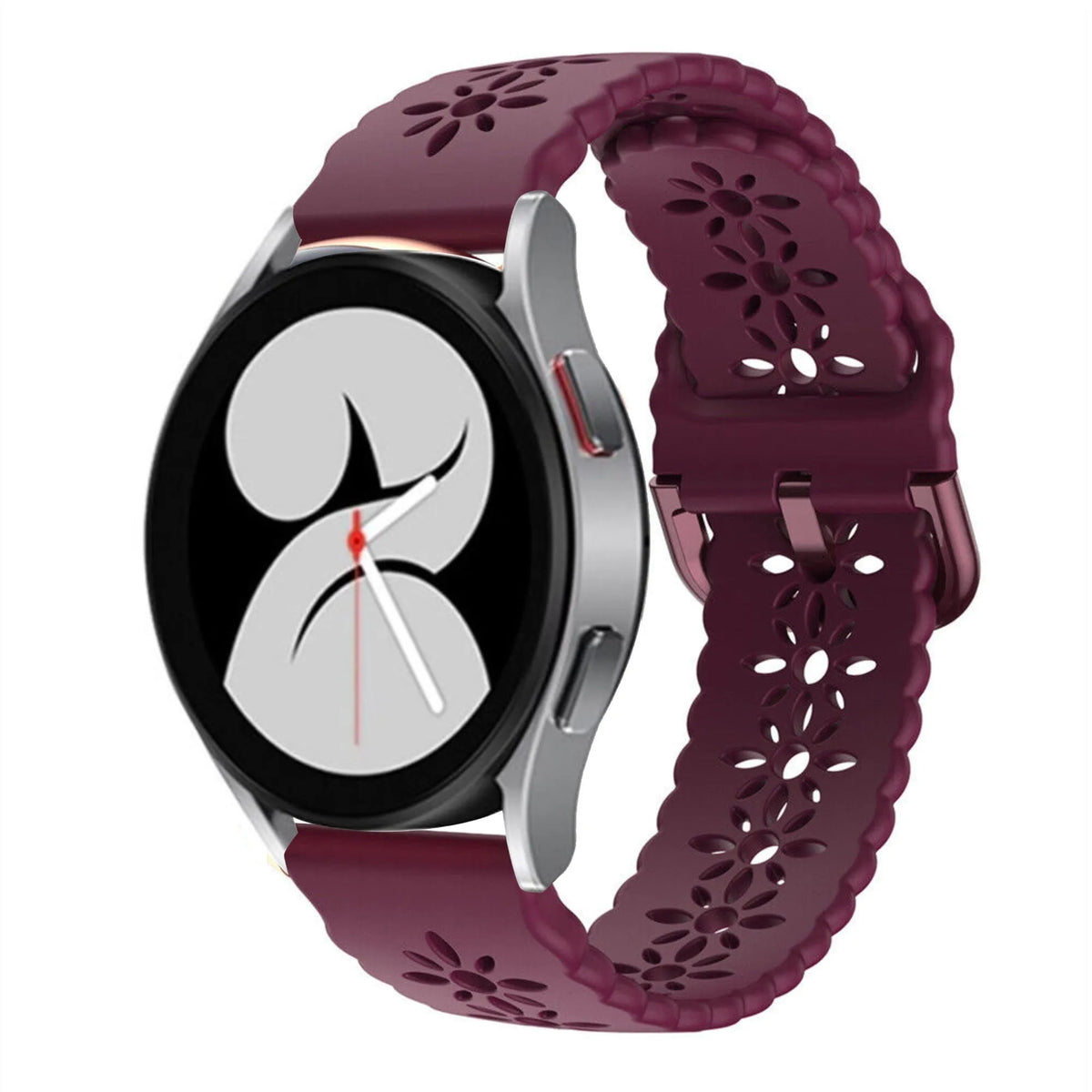 Patterned Silicone Strap, burgundy, on a watch, 3/4 front view