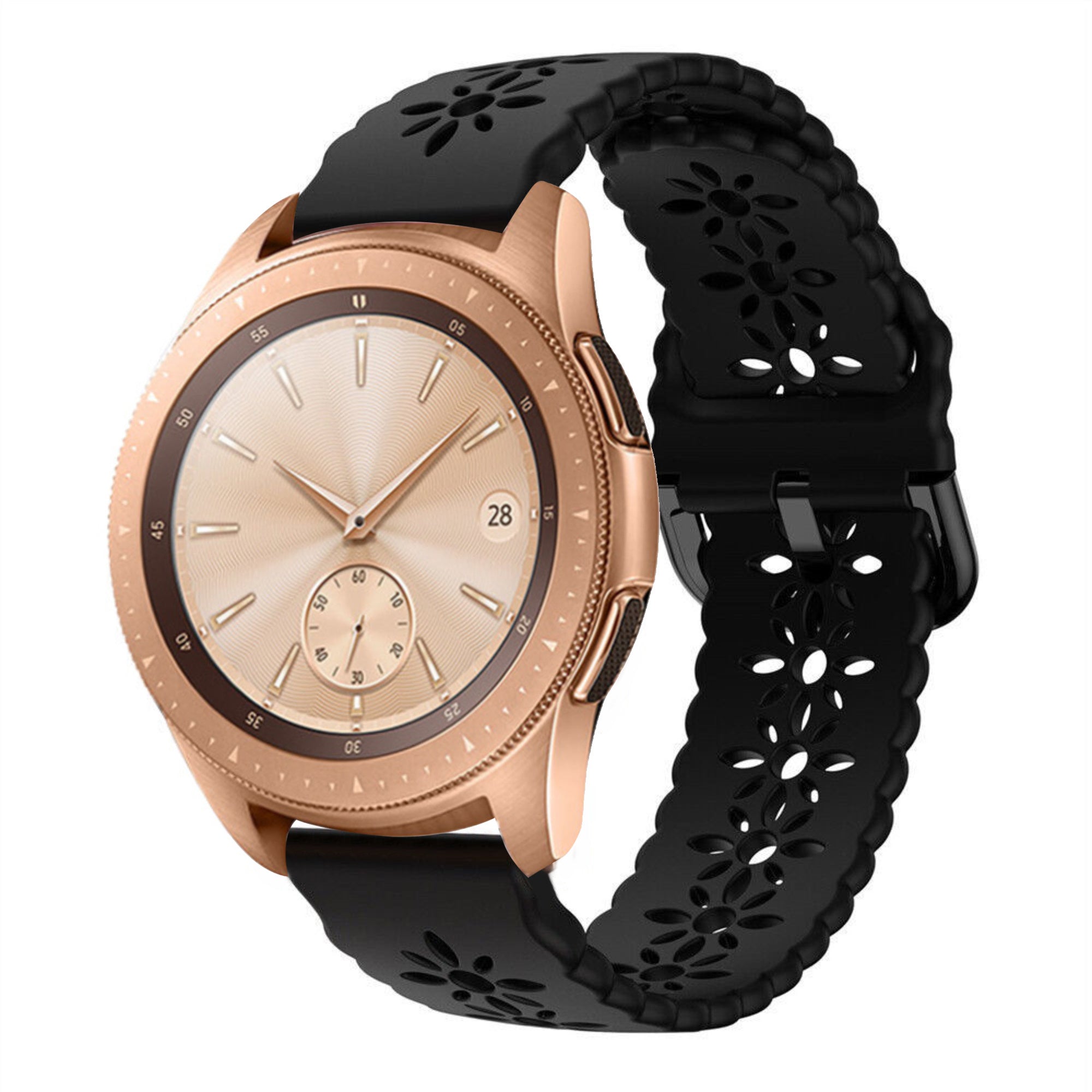 Patterned Silicone Strap, black, on a watch, 3/4 front view