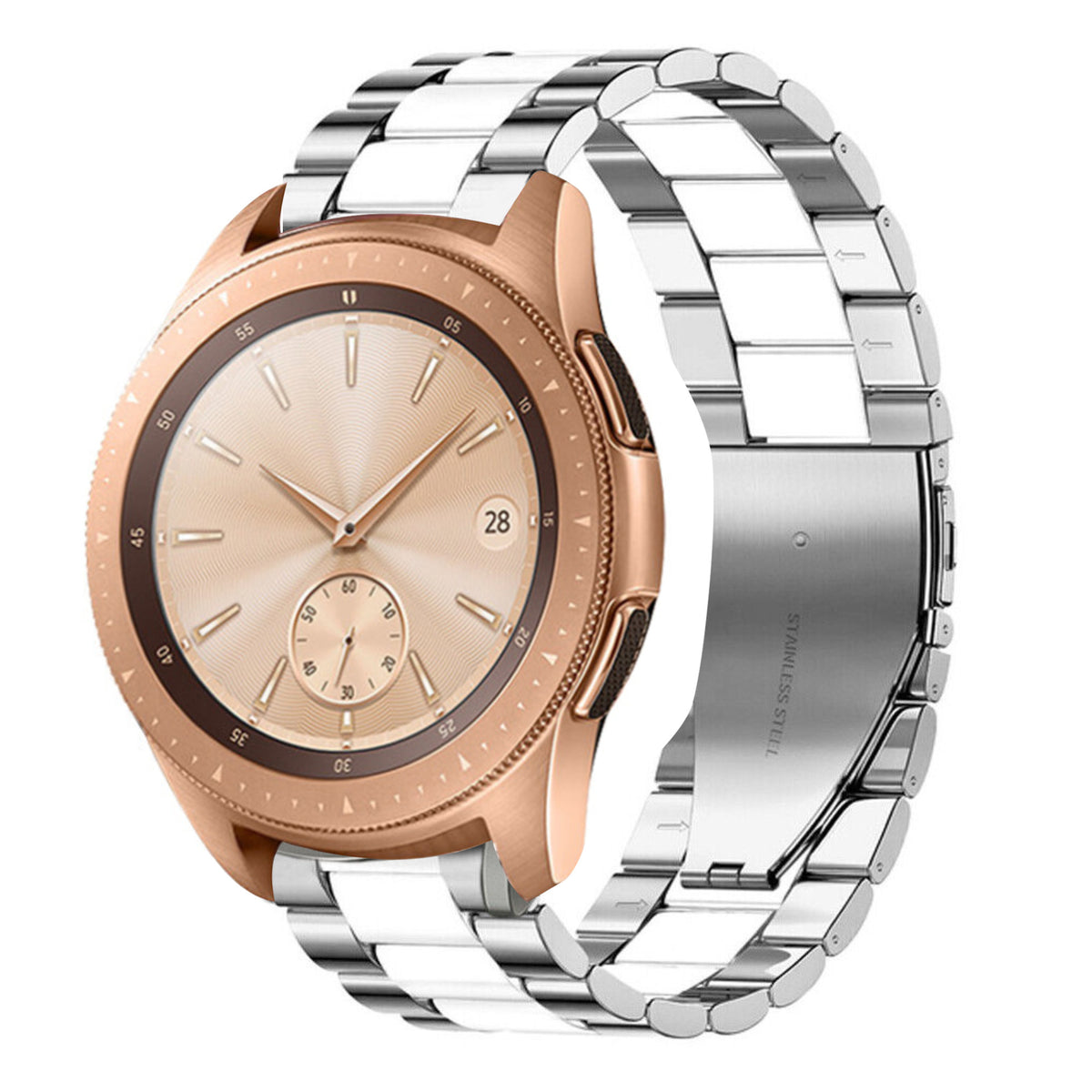 Steel Strap, silver/white, on a watch, 3/4 front view