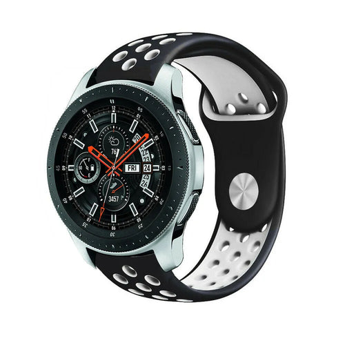 Silicone Sport Strap, black/white, on a watch, 3/4 front view