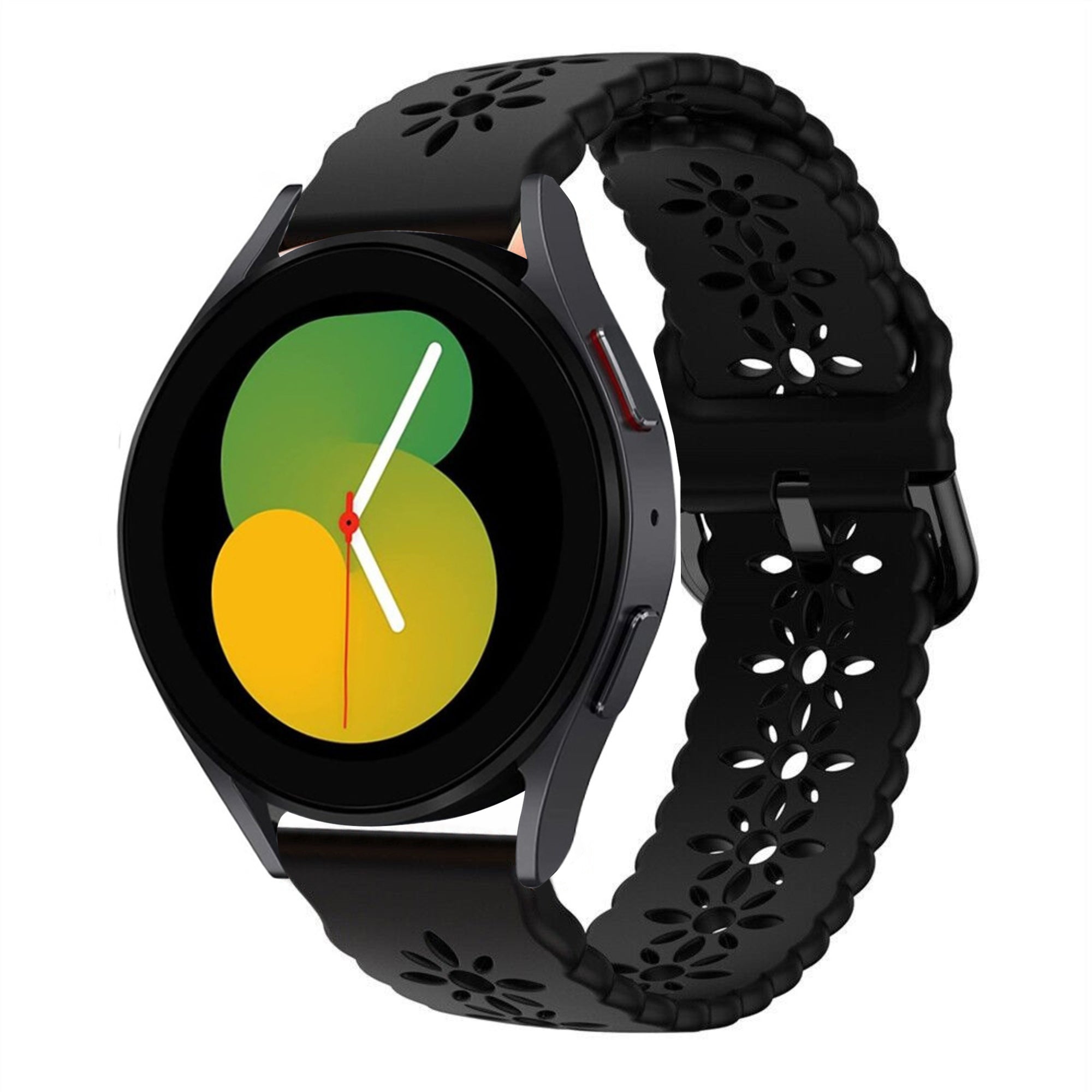 Patterned Silicone Strap, black, on a watch, 3/4 front view