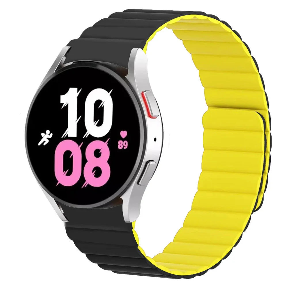 Magnetic Silicone Strap, black/yellow, on a watch, 3/4 front view