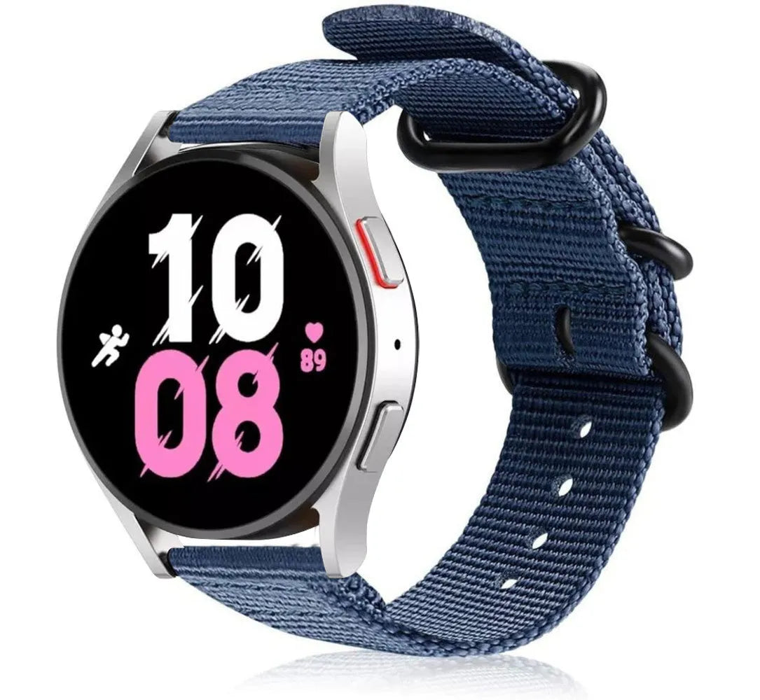 Nylon Buckle Strap, blue, on a watch, 3/4 front view