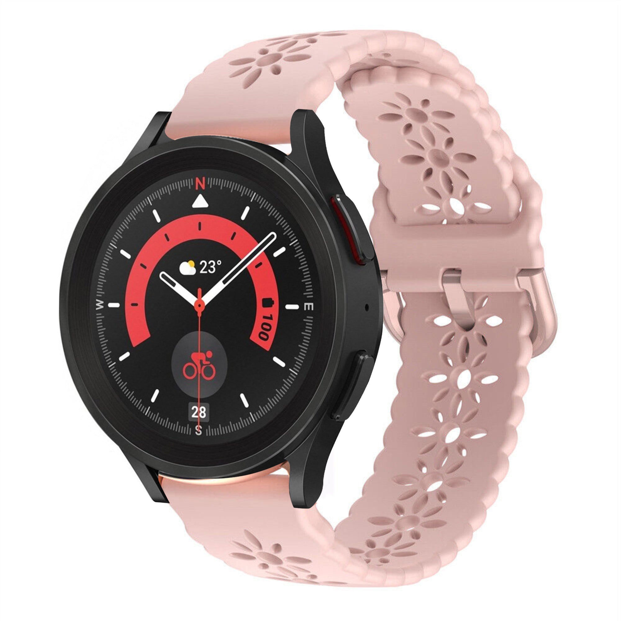 Patterned Silicone Strap, pink, on a watch, 3/4 front view