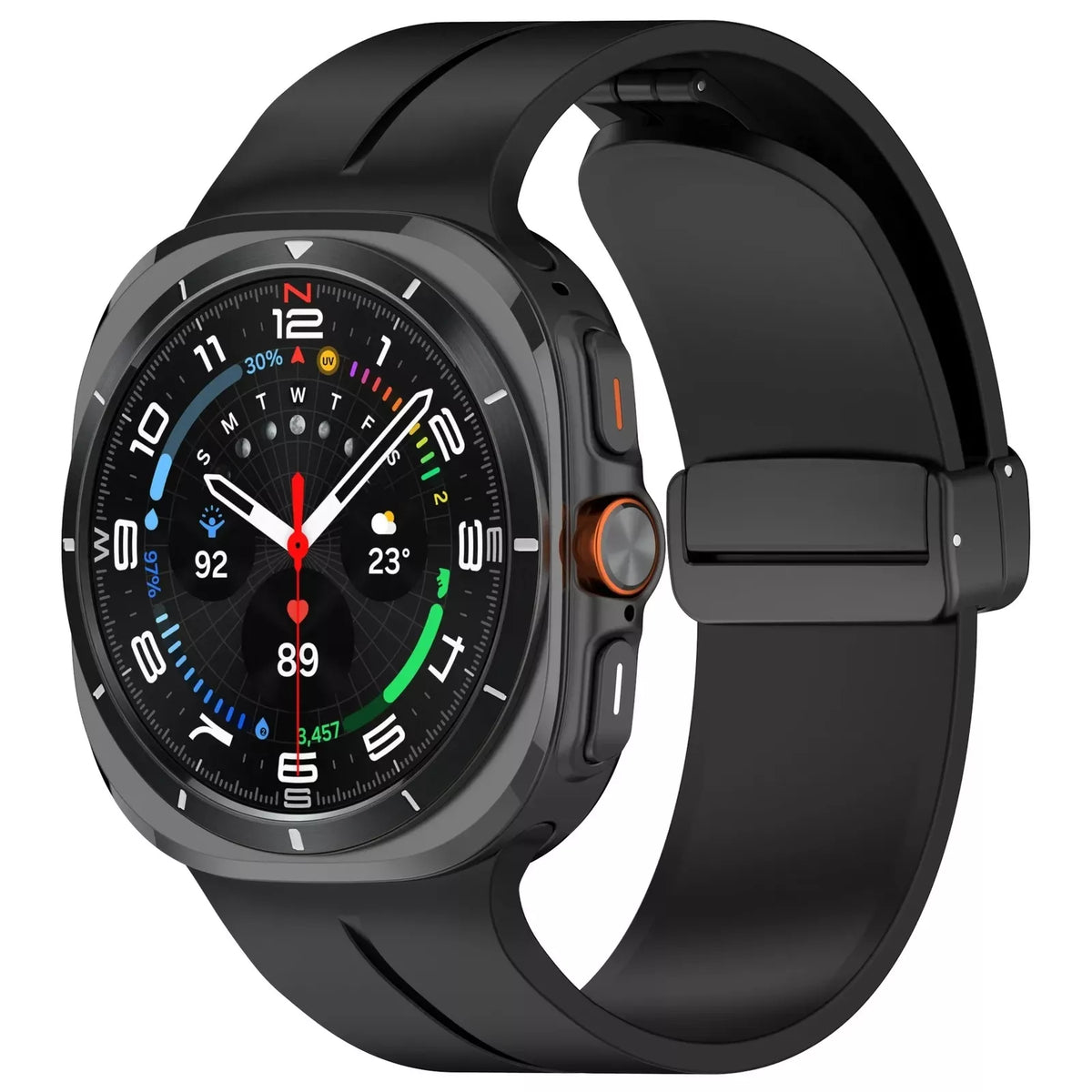 D-Buckle Silicone Strap, black, on a watch, 3/4 front view