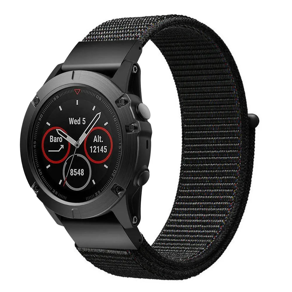 Nylon Strap, black, on a watch, 3/4 front view