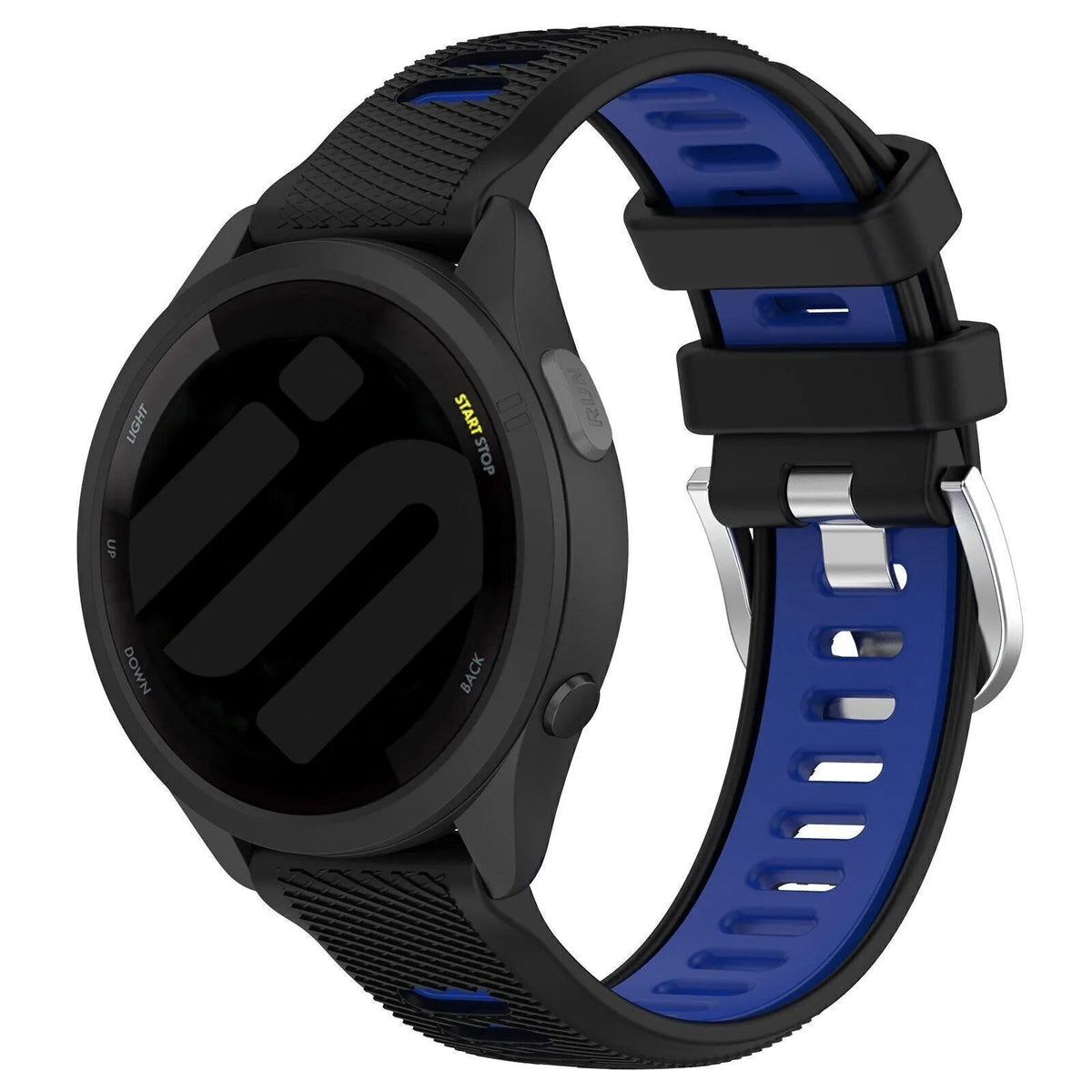 Silicone Buckled Sport Strap, black/blue, on a watch, 3/4 front view