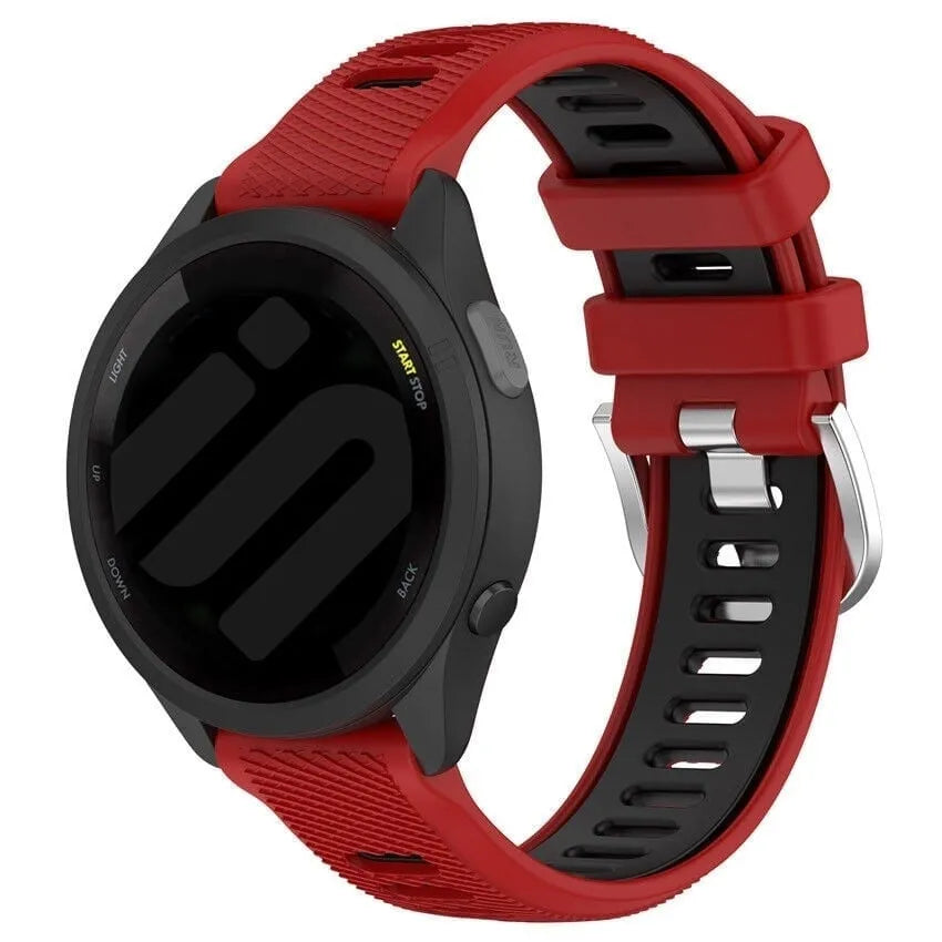 Silicone Buckled Sport Strap, red/black, on a watch, 3/4 front view