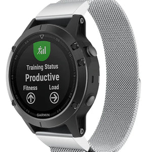 Milanese Strap, silver, on a watch, 3/4 front view
