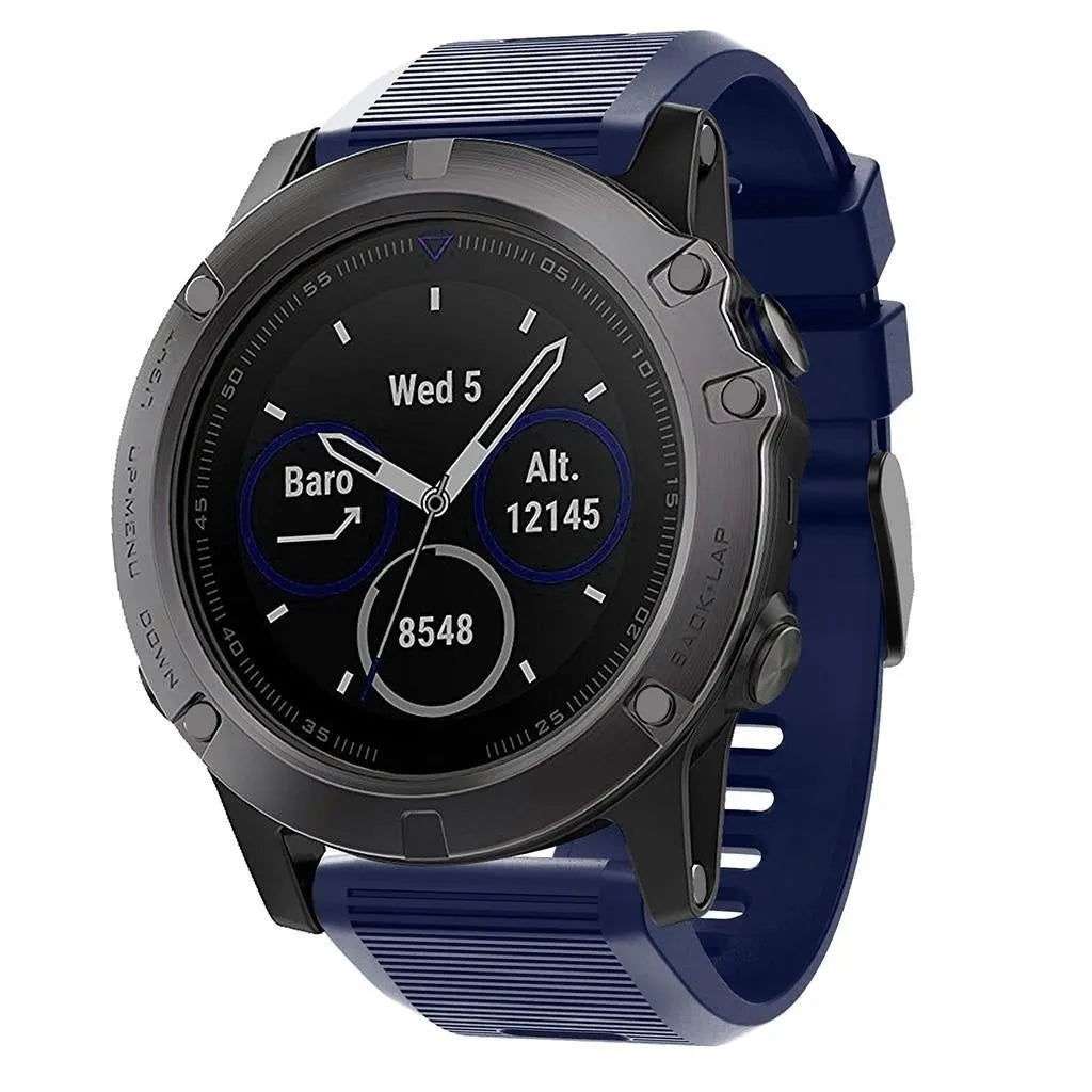 Silicone Strap, dark blue, on a watch, 3/4 front view