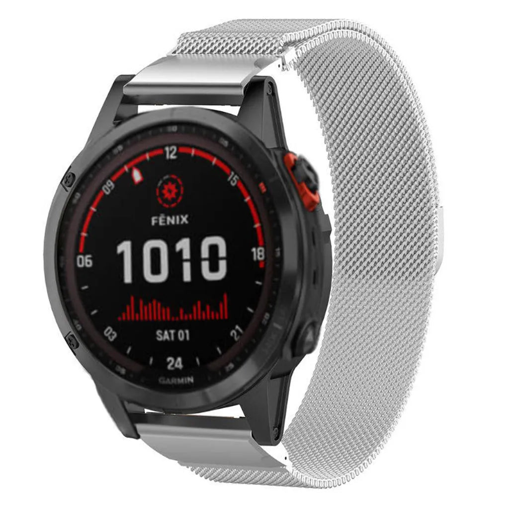 Milanese Strap, silver, on a watch, 3/4 front view