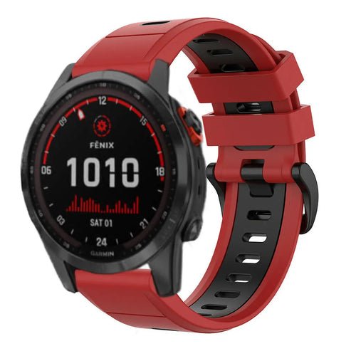 Silicone Sport Buckle Strap, red/black, on a watch, 3/4 front view