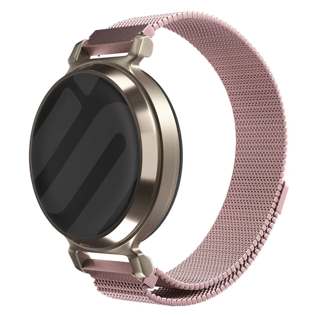 Milanese Strap, pink, on a watch, 3/4 front view