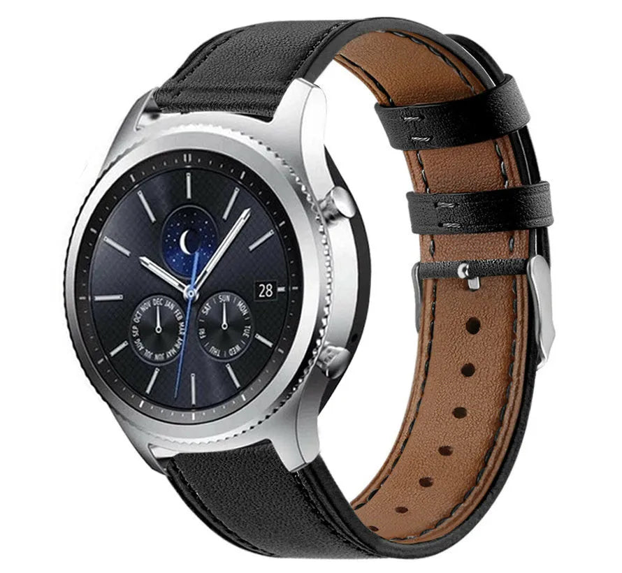 Modern Leather Strap, black, on a watch, 3/4 front view