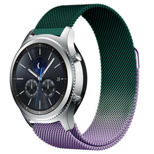Milanese Strap, purple/green, on a watch, 3/4 front view