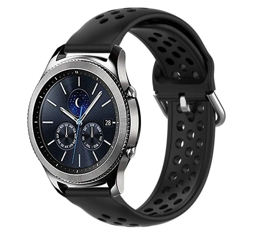 Breathable Silicone Strap, black, on a watch, 3/4 front view