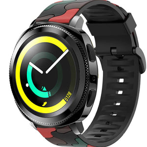 Silicone Camo Strap, red, on a watch, 3/4 front view