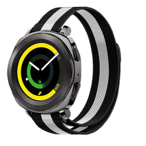 Milanese Strap, black/white, on a watch, 3/4 front view