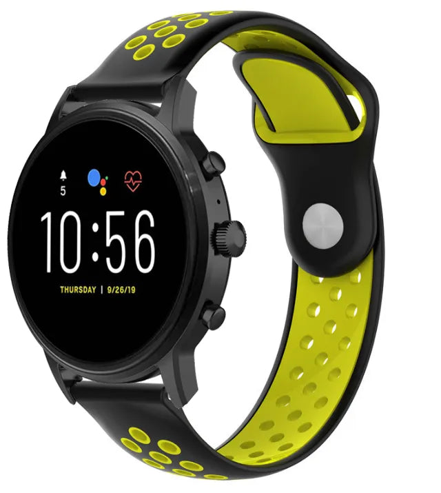 Silicone Sport Strap, black/yellow, on a watch, 3/4 front view