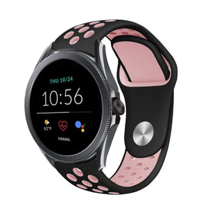 Silicone Sport Strap, black/pink, on a watch, 3/4 front view