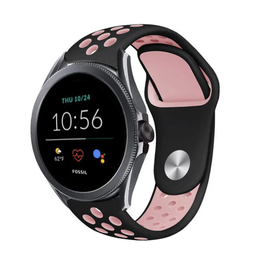 Silicone Sport Strap, black/pink, on a watch, 3/4 front view