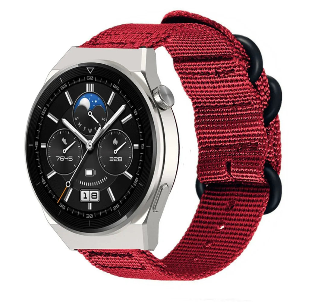 Nylon Buckle Strap, red, on a watch, 3/4 front view