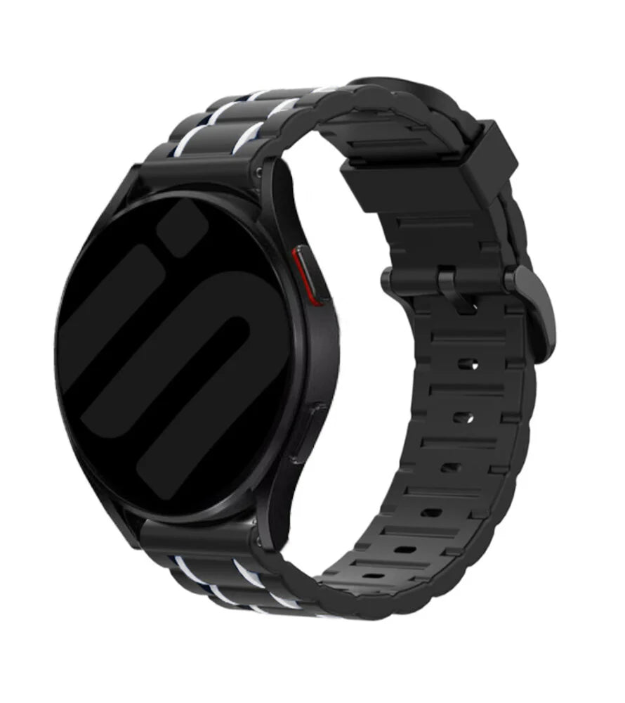 Silicone Sport Strap with Buckle, black/white, on a watch, 3/4 front view